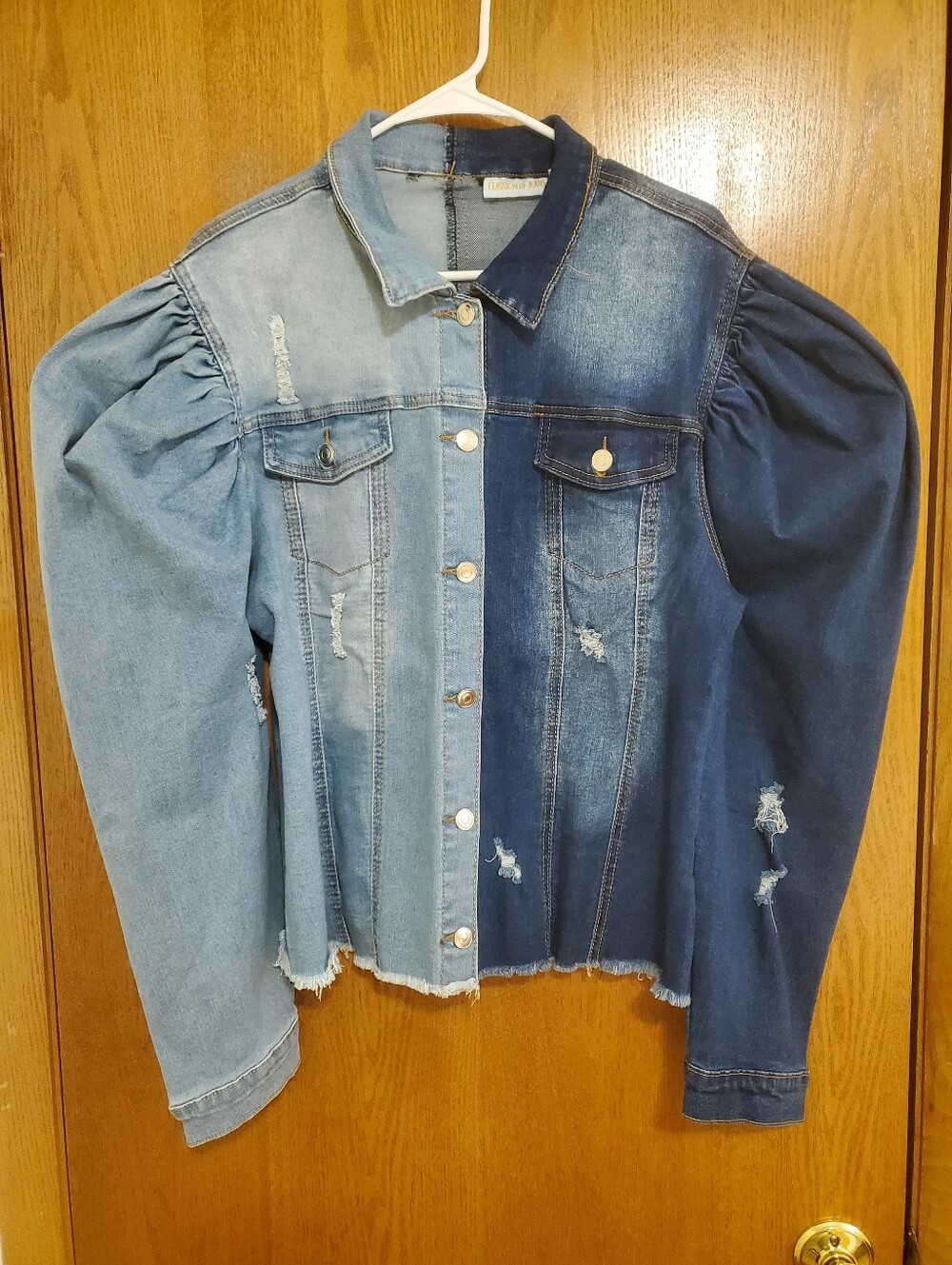 Two-Tone Puff-Sleeve Denim Jacket - Blue